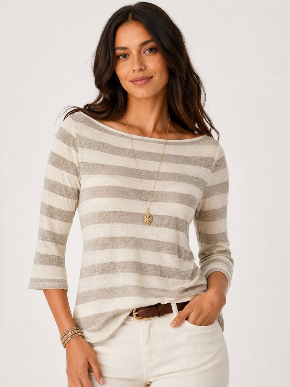 Tory Burch Metallic Stripe Knit Top Women’s M Beige Ivory 3/4 Sleeve NWT